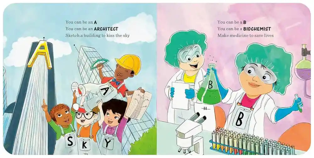 Illustrated book pages showing children choosing careers, one as an architect and the other as a biochemist.