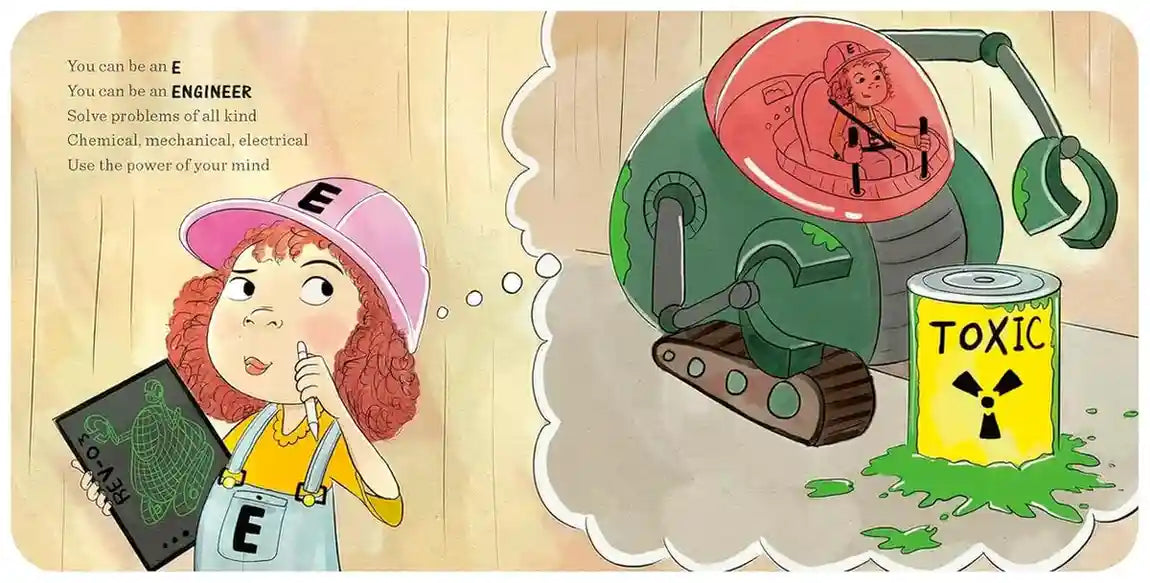 Illustration of a child in an engineer's outfit with a thought bubble showing a robot and a toxic waste symbol.