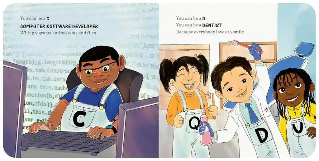 Illustrations of children in various professions with text labels on a blue background