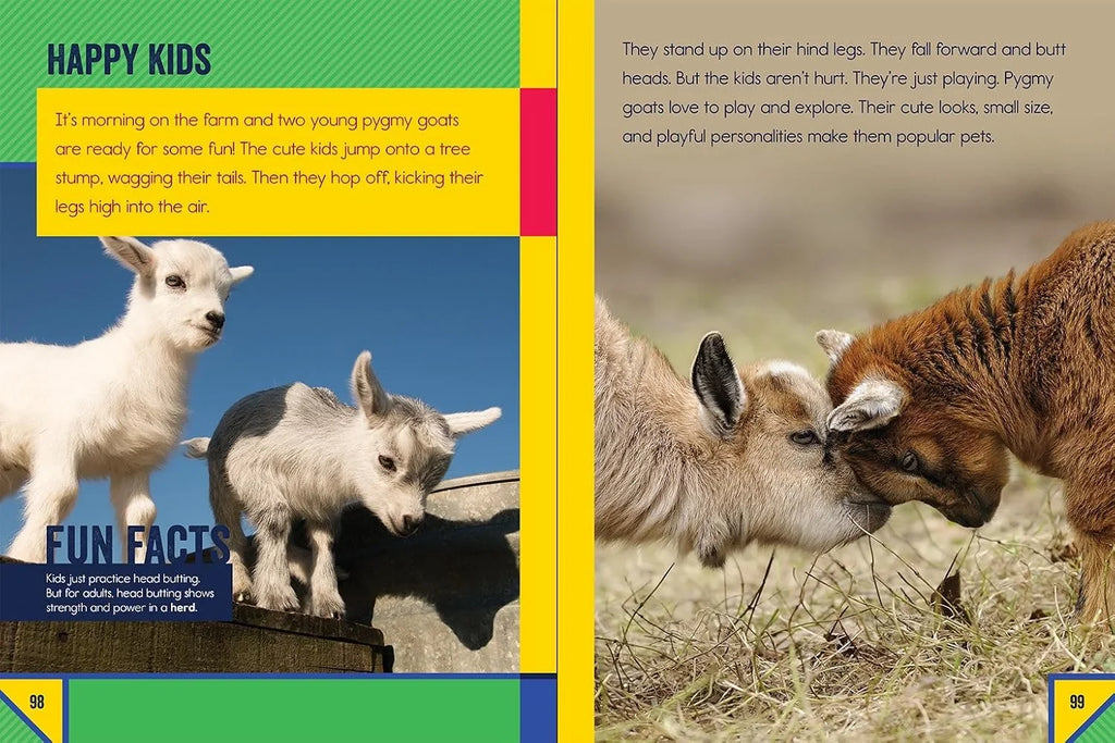 Book page with images of pygmy goats and text about their behavior and appearance.