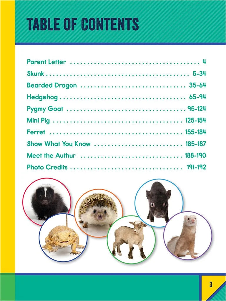 Table of contents page for a book about animals with illustrations of various animals.