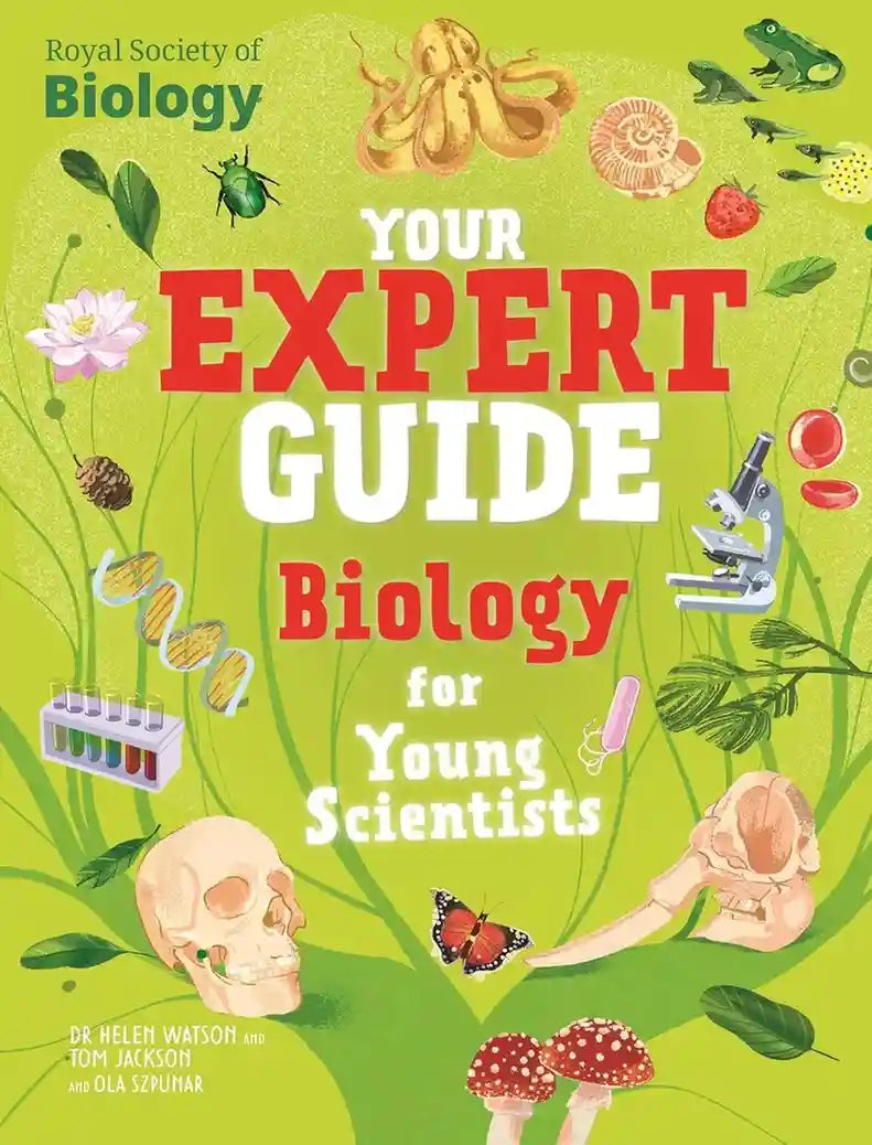 Book cover of 'Your Expert Guide Biology for Young Scientists' by Royal Society of Biology with illustrations on a green background.