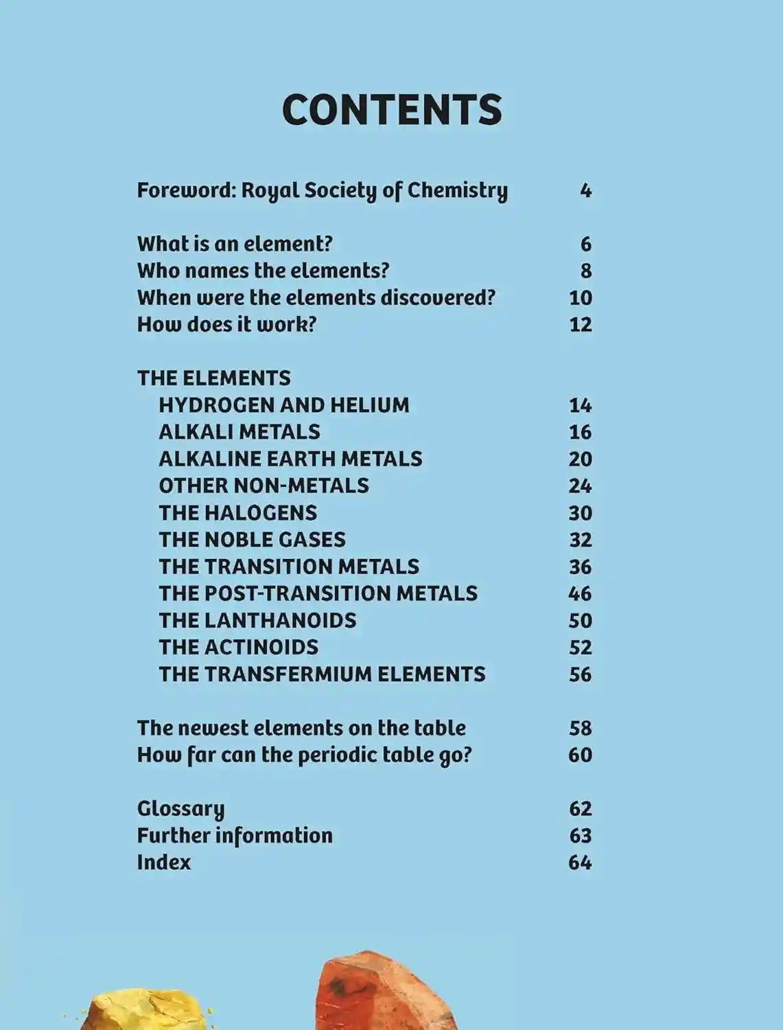 Table of contents for a chemistry book on elements with a blue background.