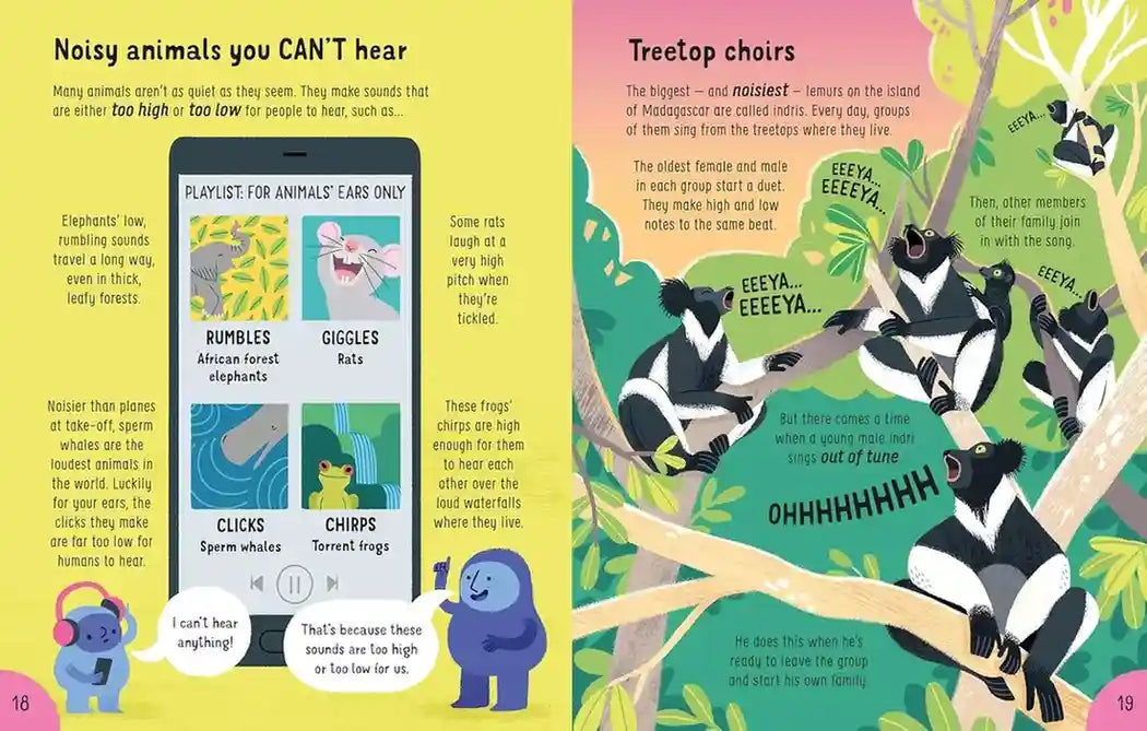 Illustrated book page about noisy animals and treetop choirs with colorful graphics and text.