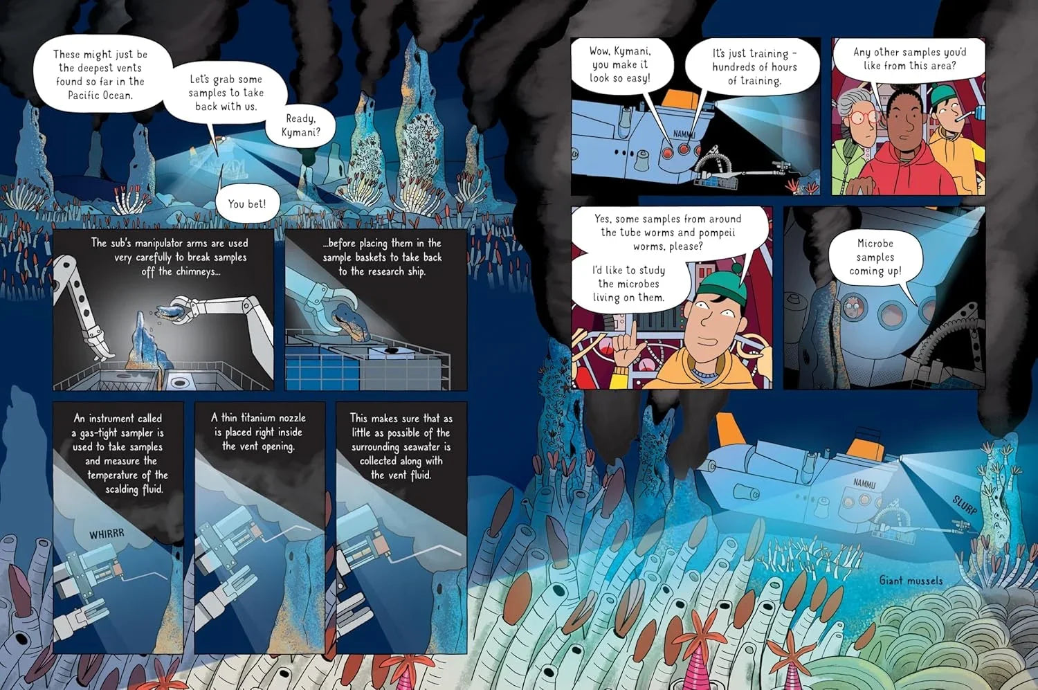 Illustrated comic strip with underwater scenes and characters interacting.